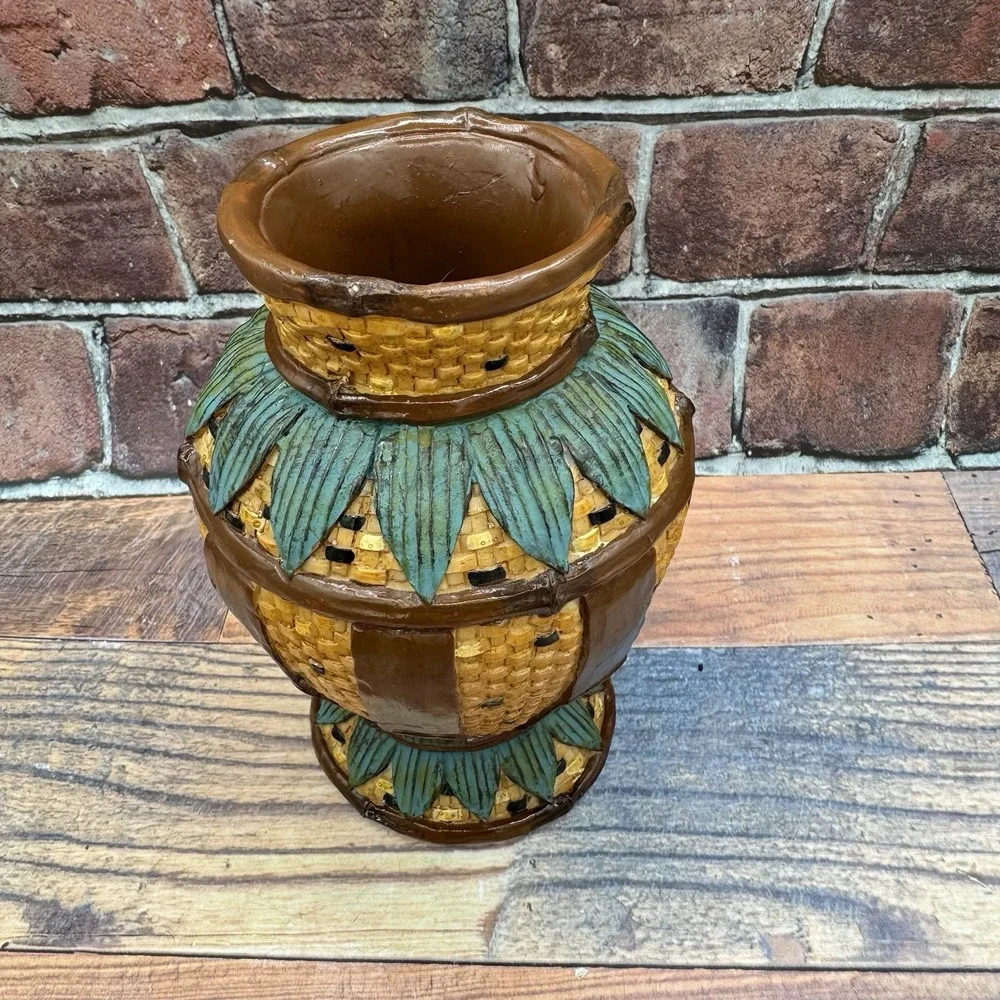 Resin Basket Weave Pineapple Vase Vintage Tiki Hand-Painted MCM